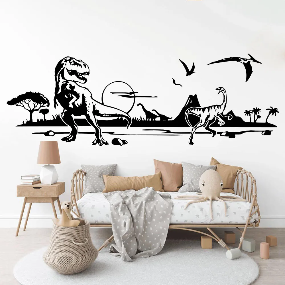 Grande T-Rex Dinosaur World Landscape Wall Sticker Camera Dei Bambini Baby Nursery Dino Mountain Tree Wall Decal Camera Da Letto In Vinile