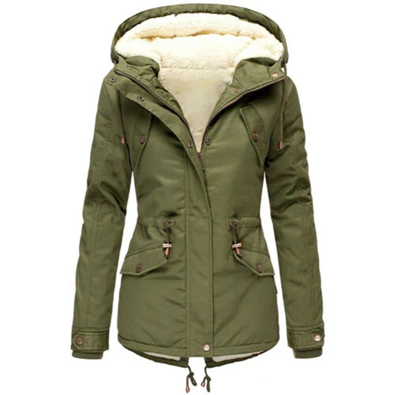 

Winter Jacket Women Fashion Coat Warm Plus Size Solid Hooded Drawstring Waist Padded Thick Cotton Long Slim Jackets Woman Parkas