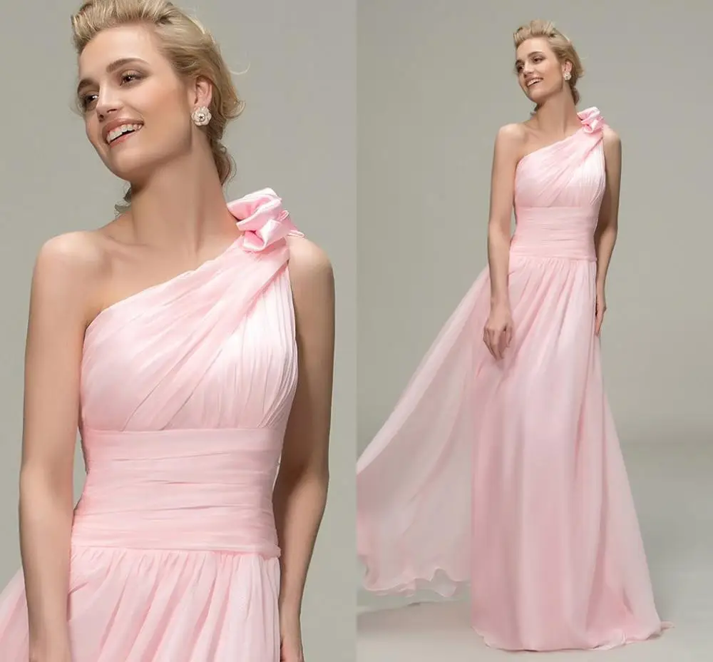 

New Pink Long Bridesmaid Dresses 2019 Simple Ruched One Shoulder A-Line Long Bridesmaid Dress Pageant Dress Vestidos De Noiva