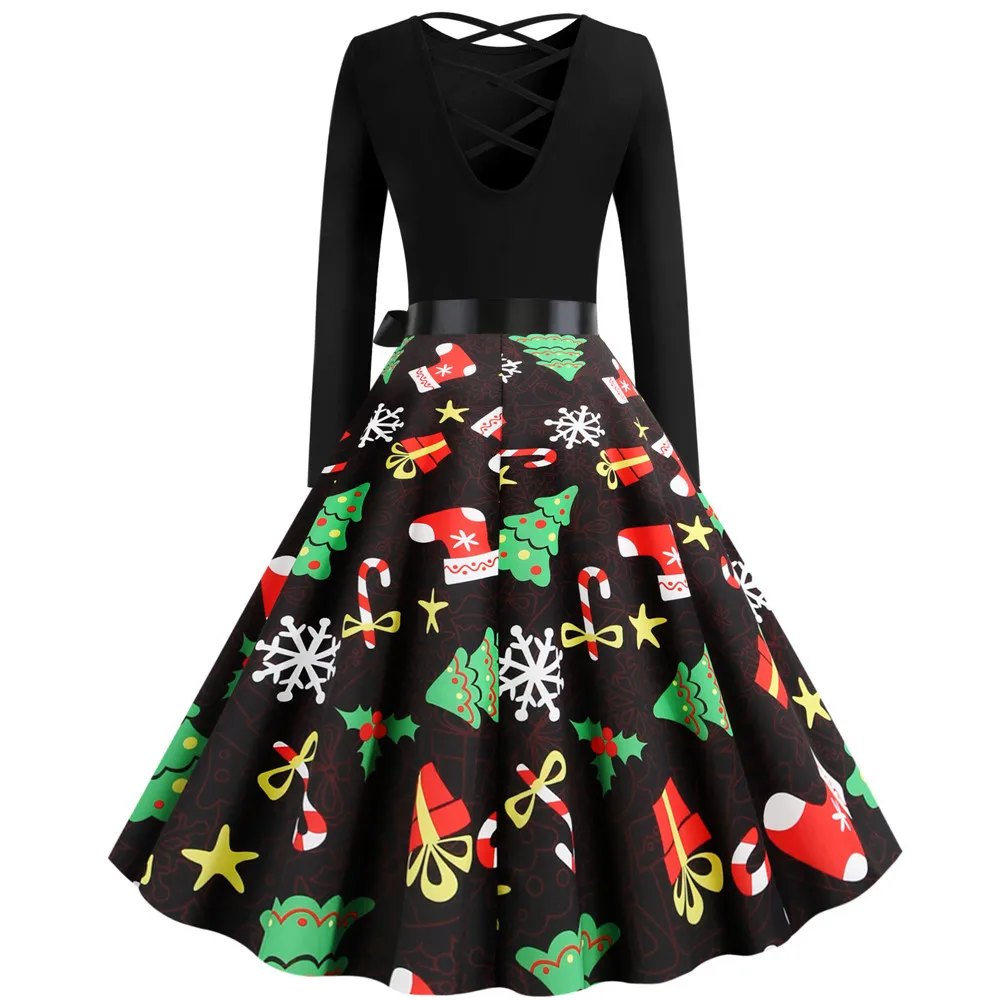 Черное элегантное женское рождественское платье с длинным рукавом, новогодний подарок, дерево, снежинка, принт, зимние платья, винтажное платье до колена