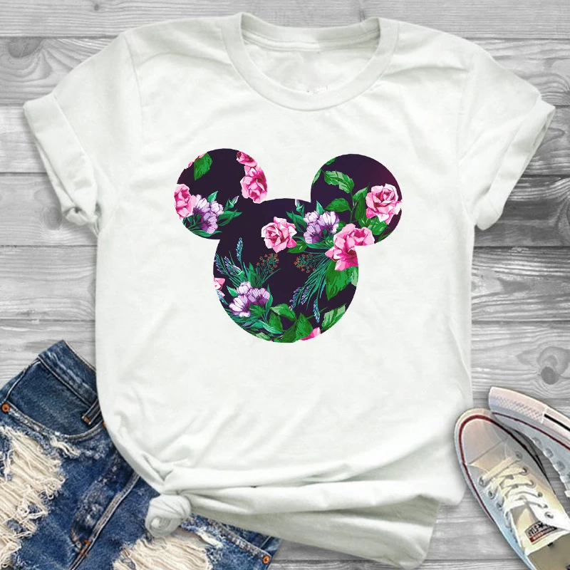Летняя женская футболка с леопардовым принтом, топы с цветочным принтом, модная футболка с Минни Маус, футболка с Микки Маусом, женские футболки, топы