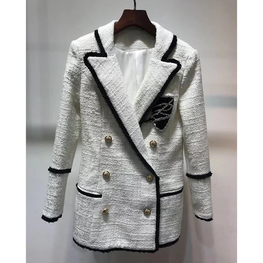 HIGH QUALITY Newest Fashion Designer Blazer Women's Metal Buttons Beaded Badge Tassel Fringe Tweed Wool Coat