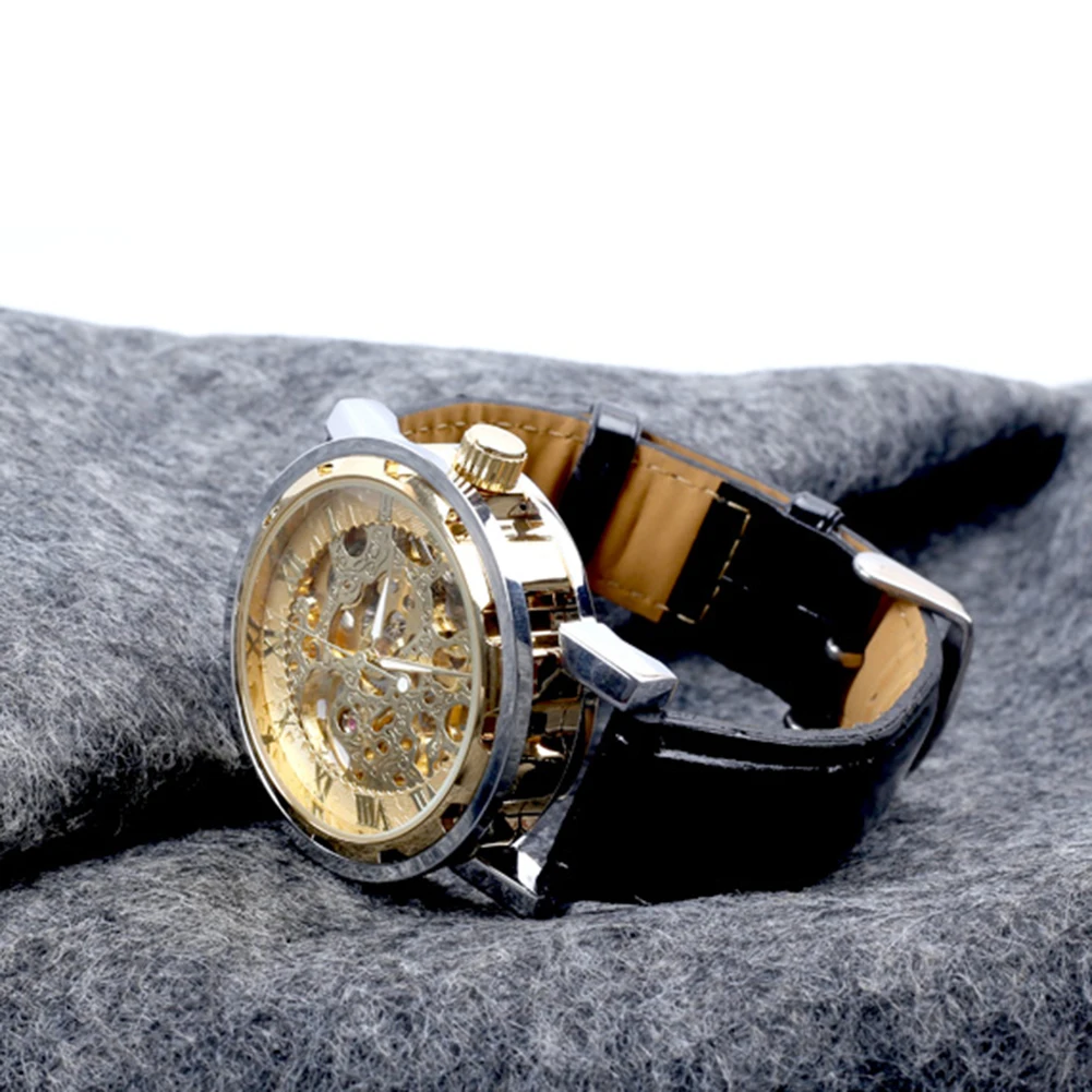Men Top Faux Leather Band Roman Numerals Hand-Wind Mechanical Watches Waterproof Sports Army Automatic Skeleton Men Watch reloj