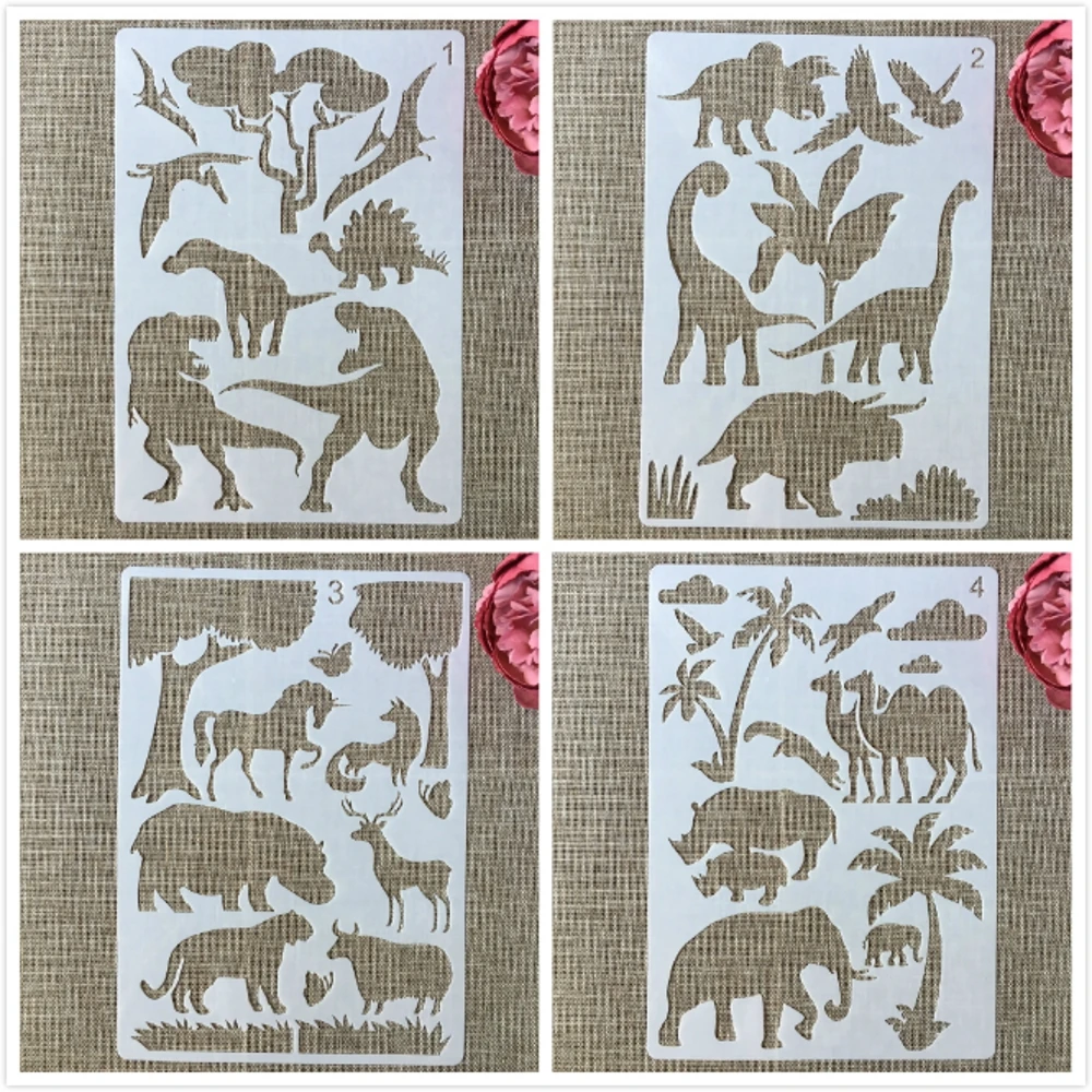 

4Pcs A4 29cm Dinosaur Camel Wild Animals DIY Layering Stencils Painting Scrapbook Coloring Embossing Album Decorative Template