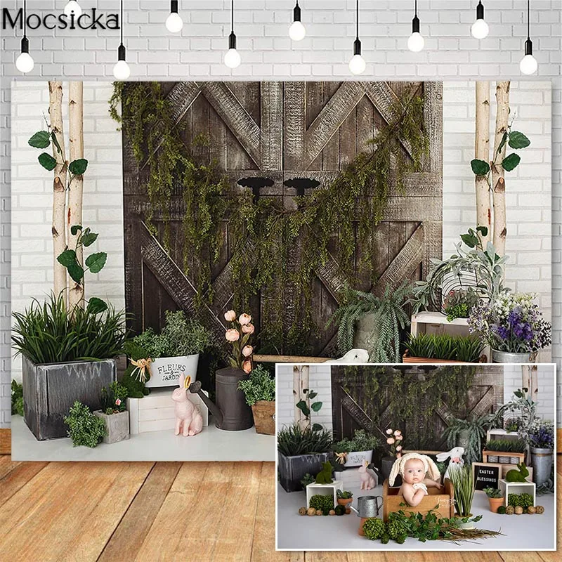 

Mocsick Spring Easter Garden Photo Booth Background For Photo Studio Photocalls Vintage Door Bunny Flower Decorations Backdrops
