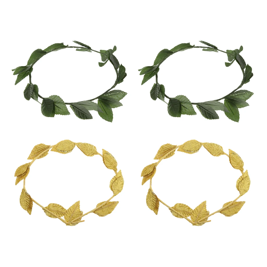 Pack of 4 Pieces Plastic Green Fabric Gold Leaf Hairband, Greek Goddess Laurel Wreath, Fancy Dress Headband