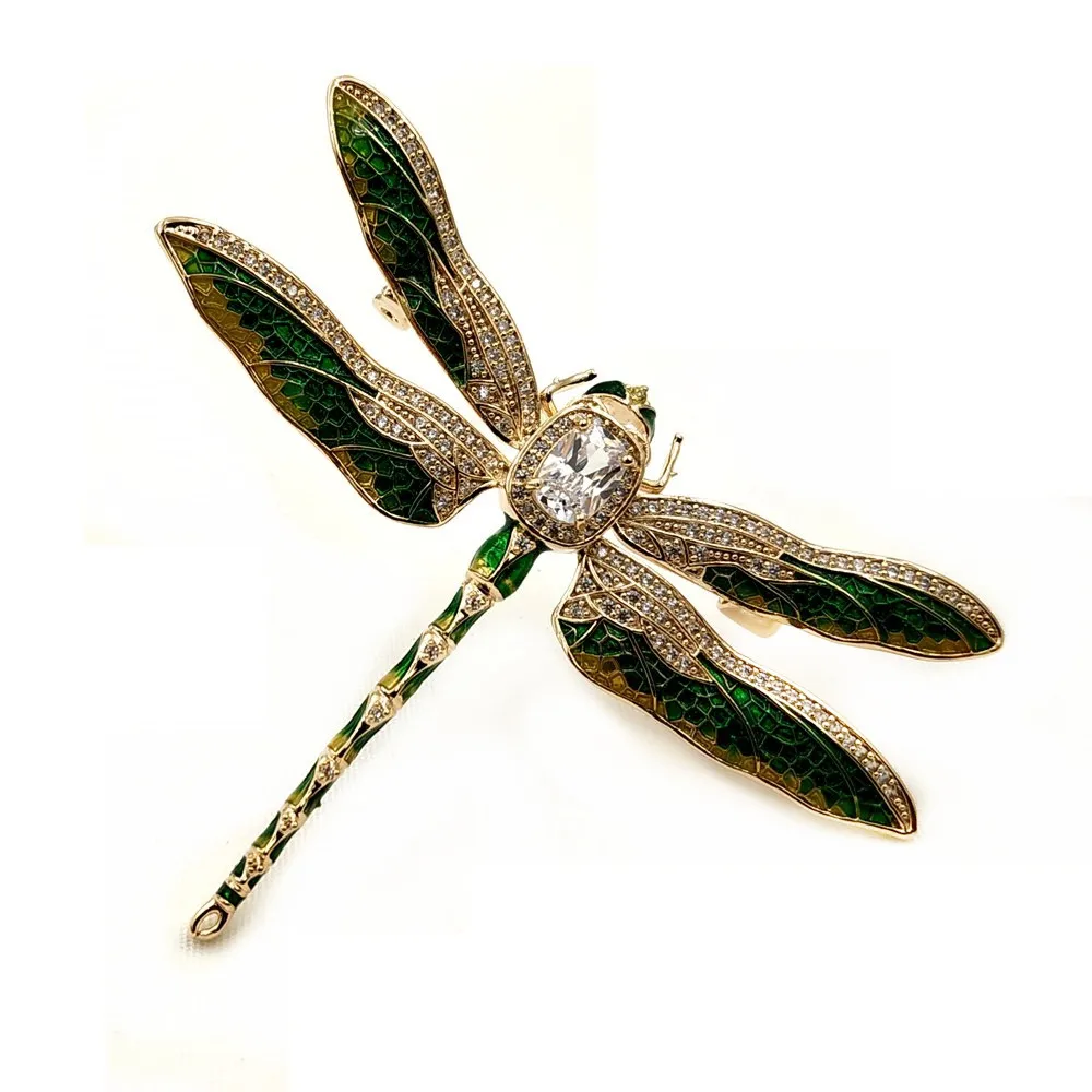 Vintage Green Enameled Oversize Dragonfly Brooches Gold Tone Micro Pave Crystal Winged Big Dragonfly Pins Unisex Insect Jewelry