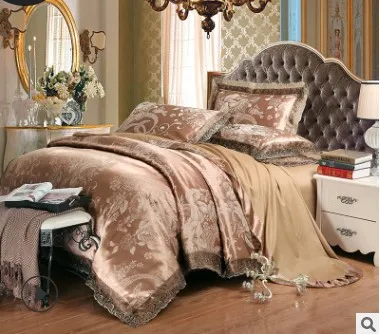 Luxury Satin Bedding sets White Jacquard duvet cover set Lace bed sheet sheets linen quilt bed in a bag King Queen size 4PCS - Цвет: 29