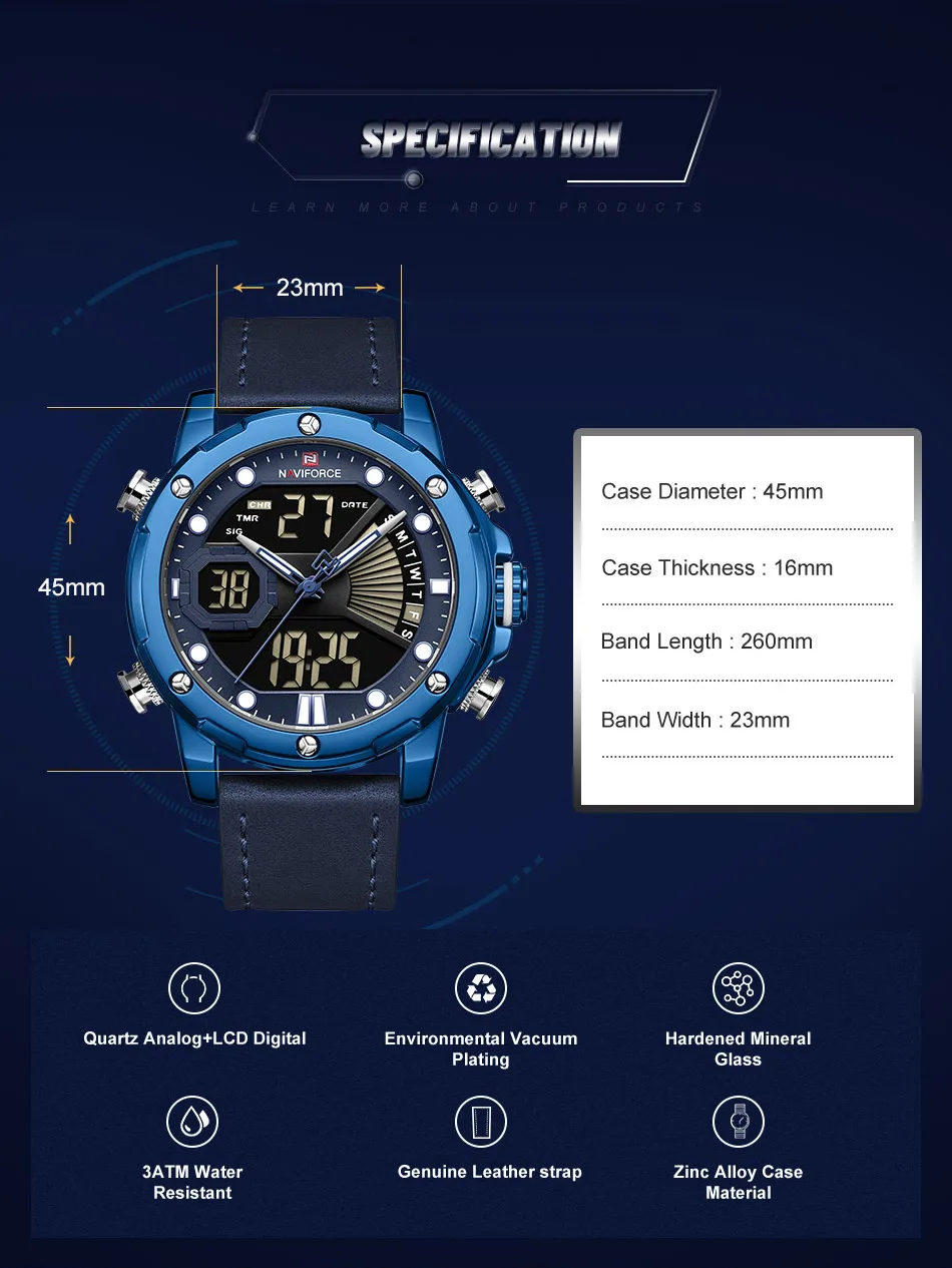 NAVIFORCE, мужские часы, топ класса люкс, кожа, кварцевые наручные часы, светодиодный, цифровой, модные, светящиеся, водонепроницаемые, мужские часы, Relogio Masculino