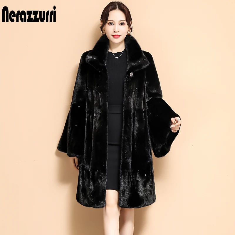 Nerazzurri black real mink fur coat pleated skirted mink jackets for women whole mink coat plus size genuine mink coats women