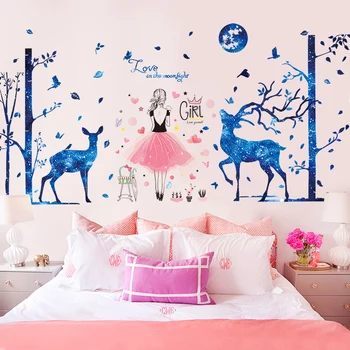 

[shijuekongjian] Blue Deer Trees Wall Stickers DIY Cartoon Girl Mural Decals for Kids Bedroom Nursery Living Room Decoration
