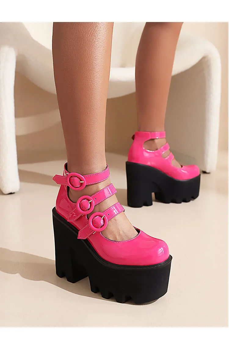 Three Rows Of Round Buckle Super High Wedges Sexy Women's Pumps Bright Patent Leather Super High Platform Women's High Heels