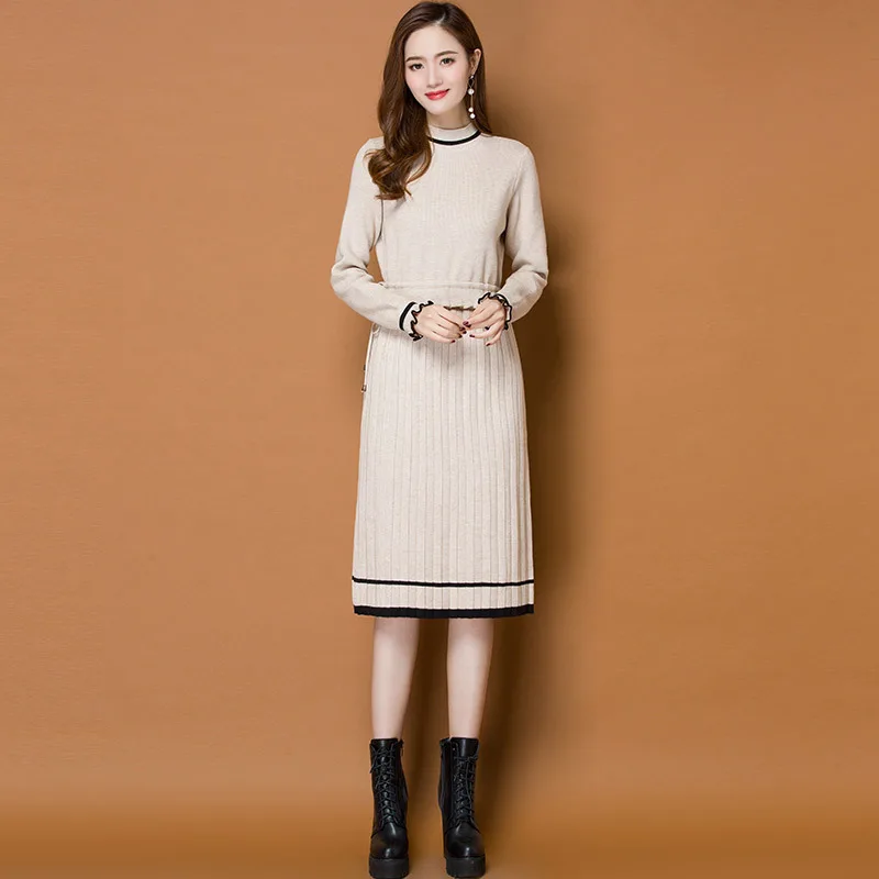 Прямая поставка женский свитер корейское платье с высоким воротником в полоску