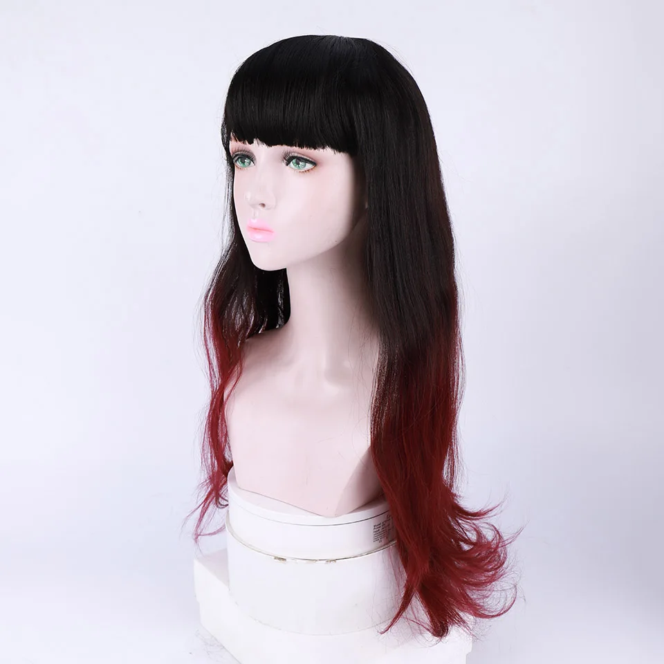 

Long hair micro-curled wig Neat bangs Wine red at the end of one's hair Synthetic Wigs