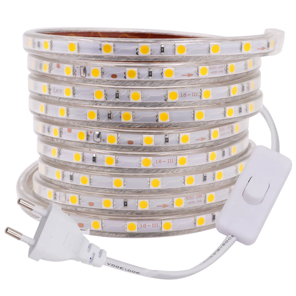 LED Strip 220V Waterproof 60LEDs/m Flexible Tape Ribbon SMD 5050 Light With EU Switch Plug | Лампы и освещение