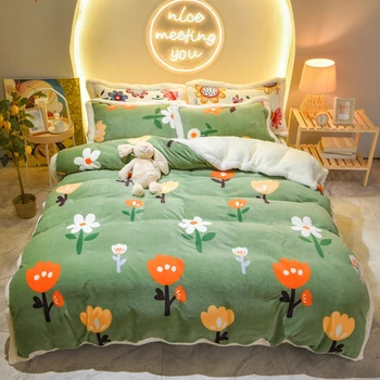 

Green Flowers Bedding Sets 4pcs Soft Warm Lamb Cashmere Quilt Cover Set Pillowcase Winter Flat Sheet Solid Fleece Cover Sets