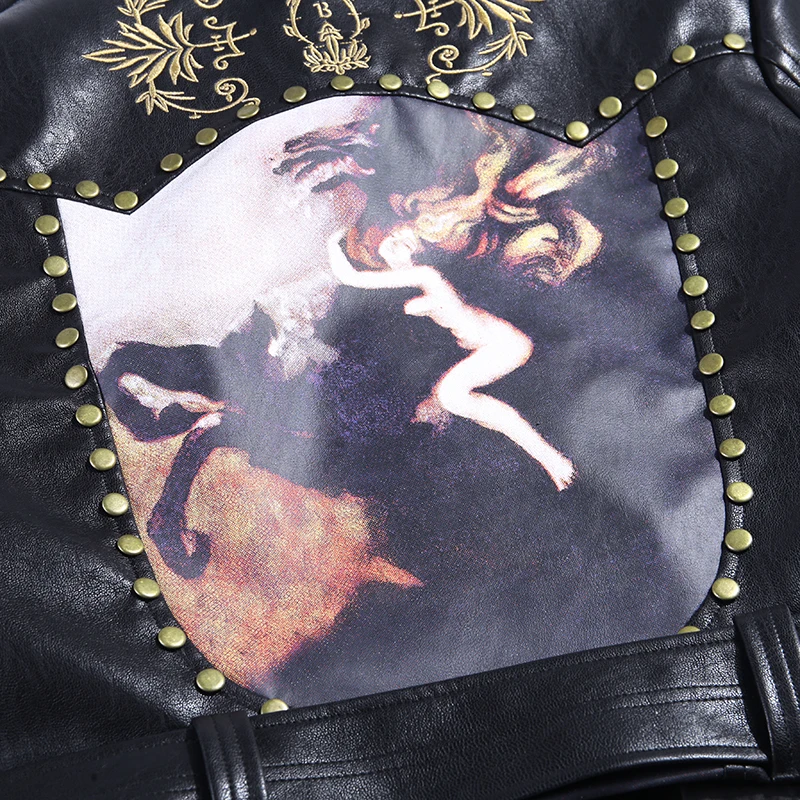 InsGoth женская черная кожаная куртка готическое пальто с принтом вышитая искусственная мягкая куртка панка из искусственной кожи мотоциклетная черная зимняя куртка