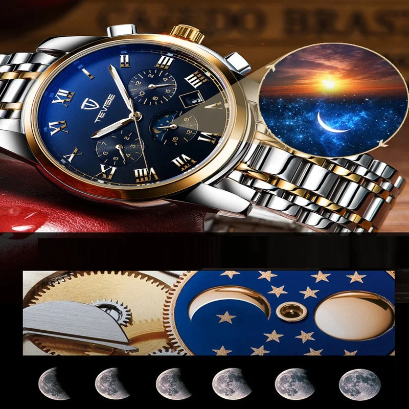 TEVISE Скелет автоматические механические светящиеся мужские часы модные Moon Phase календарь из нержавеющей стали деловые наручные часы Relogio