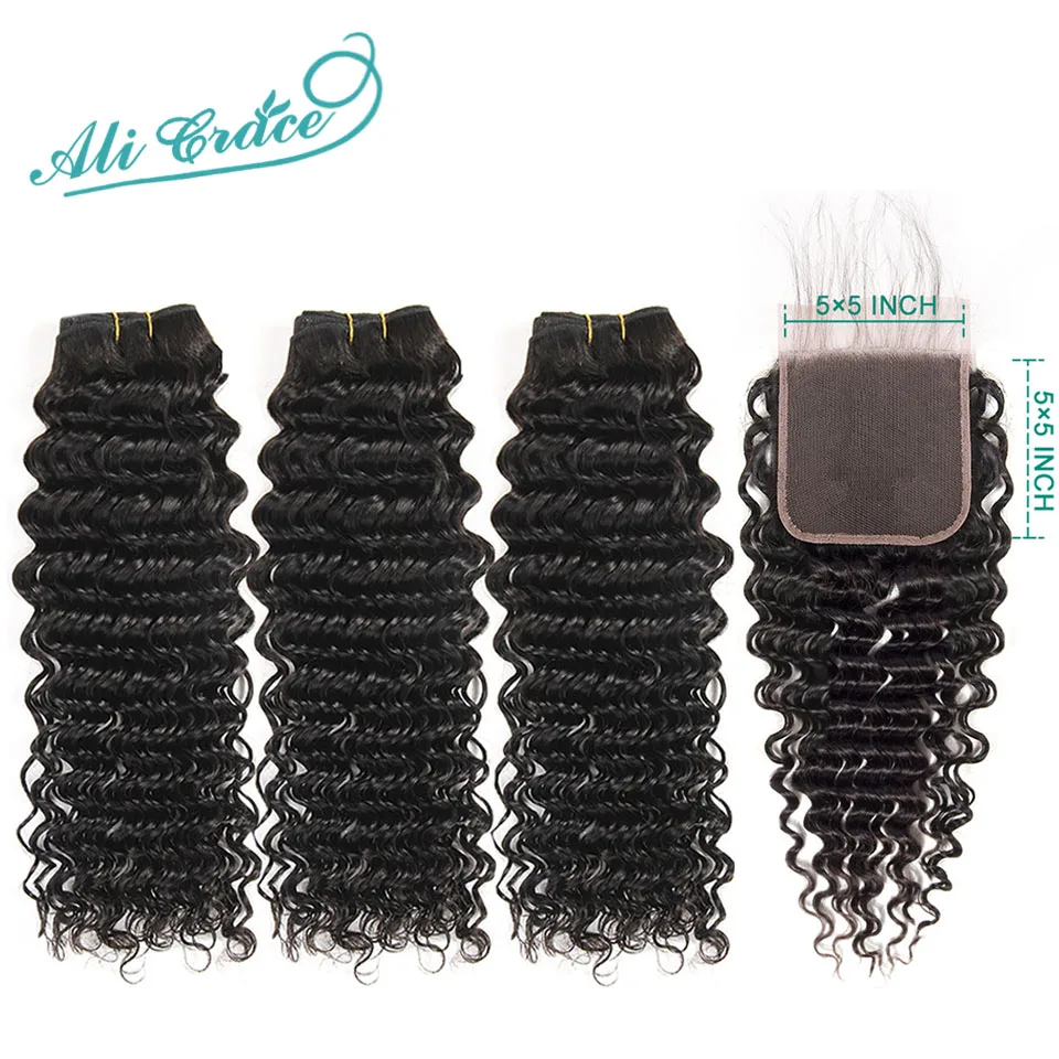 

Ali Grace Hair Brazilian Deep Wave with Closure 3 Bundles Deep Wave Hair with Closure 5*5 Swiss Lace Closure Remy Hair Extension