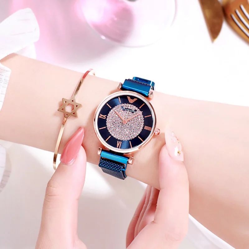 Роскошные женские часы для женщин, модные синие сетчатые магнитные часы, женские кварцевые наручные часы с бриллиантами, водонепроницаемые часы для женщин - Цвет: Синий