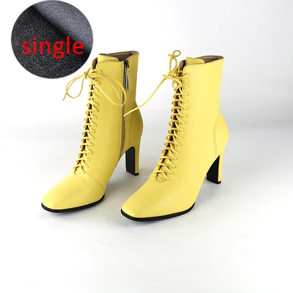 Yellow Single Boots Женские кожаные ботинки; модная обувь на высоком каблуке; зимние женские ботильоны на шнуровке; ботильоны с квадратным носком; женская обувь на каблуке - Цвет: Yellow Single Boots