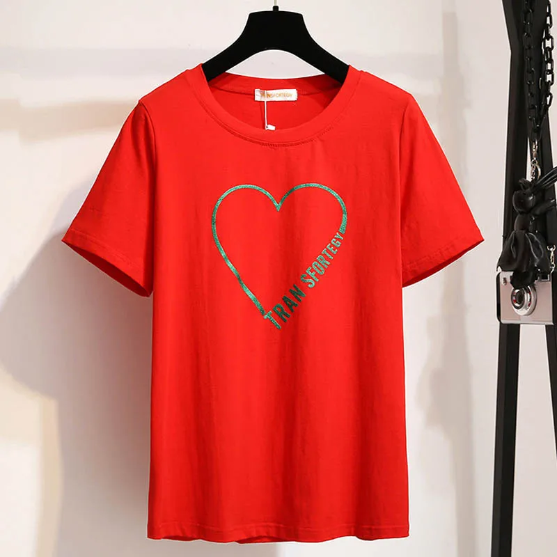 여성 루즈한 코튼 프린트 티셔츠, 반팔 O넥 상의, 블랙 레드, 150Kg 플러스 사이즈, 가슴 150cm, 5XL, 6XL, 7XL, 8XL, 9XL, 여름 