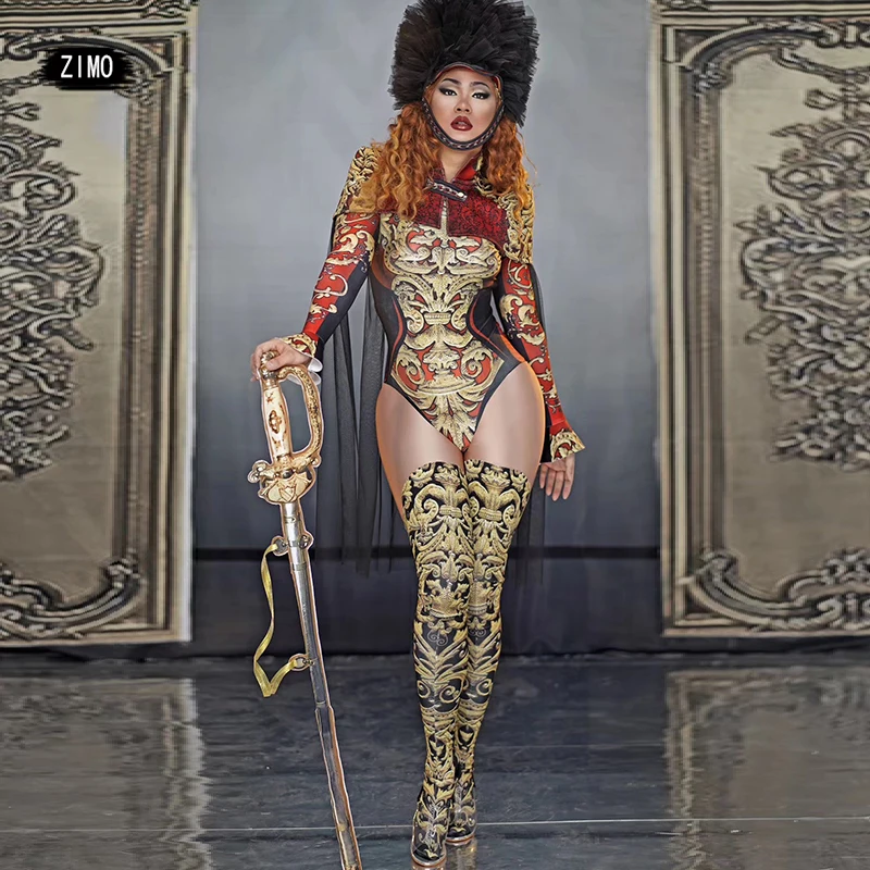 Man Womens Stage Performance Army Uniform Cosplay Costume Vintage Printing Bodysuit Jumpsuit Cape Dance Outfit Role drag queen - 4