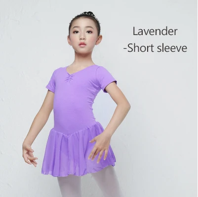 Lavender ShortSleeve Детское балетное трико с длинными/короткими рукавами для девочек, детское хлопковое танцевальное платье для тренировок, шифоновое платье с юбкой - Цвет: Lavender ShortSleeve