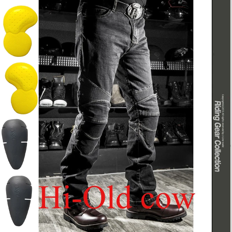 Hi-Old cow Black AH Мотоциклетные джинсы, Pantalones Motocicleta Hombre, джинсы с перьями, стандартная версия, брюки для езды на автомобиле, мужские мотоциклетные штаны - Цвет: Hi-Old cow Black AH