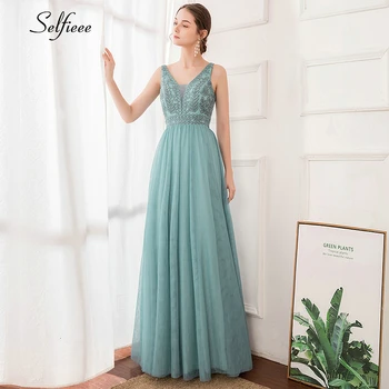 

Elegant Ladies Dress A-Line Double V-Neck Beaded Sleeveless Tulle Party Dress Women Sexy Embroidered Maxi Dress Ropa Mujer 2020