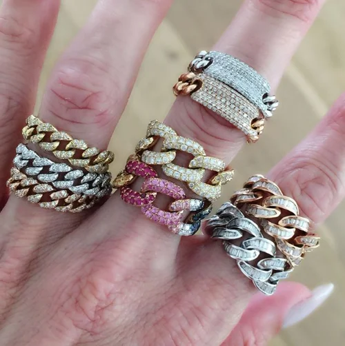 Iced out bling движущиеся кубинские звенья цепи для женщин хип-хоп Обручальное кольцо Модные кольца на палец