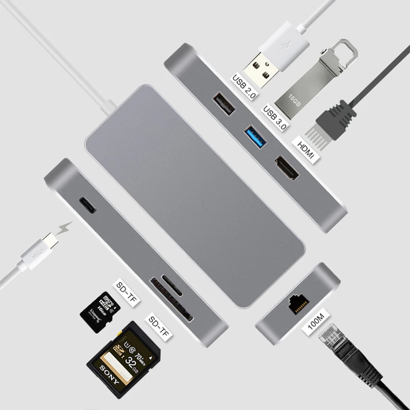 Type-C концентратор USB 3,0 7 Алюминиевый порт док-станция зарядка pd с TF и sd-слотом для карт с Rj45 Usb 2,0 Hdmi слот концентратор для Macbook