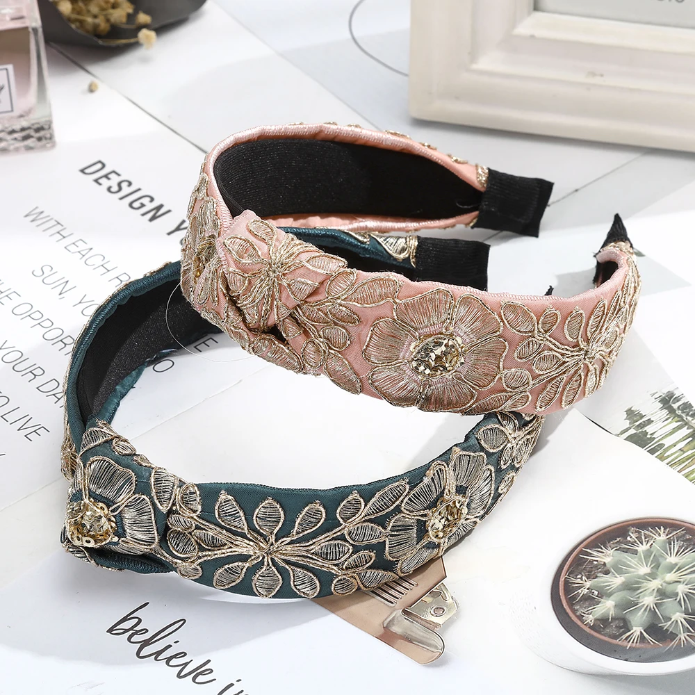 

AWAYTR Retro Big Flower Embroidery Headband Cloth Fabric Knotted Hair Accessories Wide Noble Exquisite Hair Bands For Women