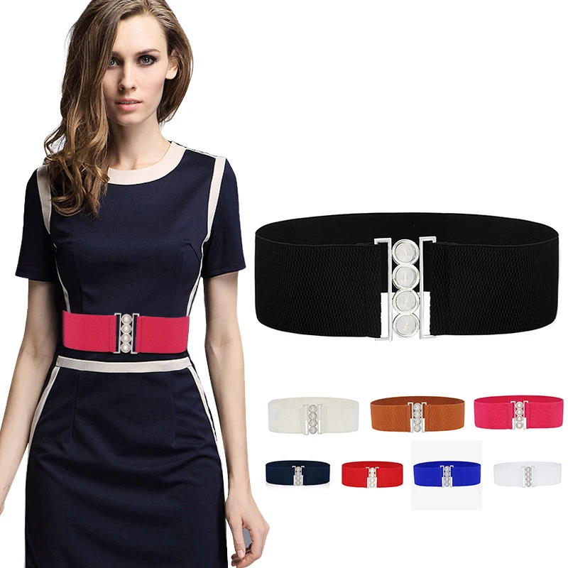 

Simple Style Dress Belt Elastic Wide Waist Belt Female Apparel Accessories Silver Metal Buckle Solid Color Ladies Waistband