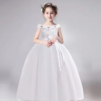 

2020 Summer White One Shoulder Long Dress Girl Bow Gown Kids Clothes For Girls Children Princess Party Wedding Dress Vestidos