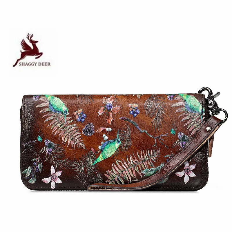 

Thicken Floral Printing Retro Europe Style Women Long Wallet Quality Casual First Layer Leather Purses