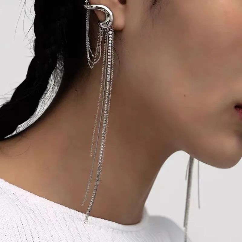 Punk Long Tassel Rhinestone Drop Earrings For Women Hyperbole Irregular Metal Crystal Chain Dangle Earrings Jewelry