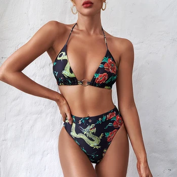 

Misswim High waist bikini set Dragon swimsuit female Floral print Triangle swimwear women 2020 Ring swim suit Sexy bathing suit