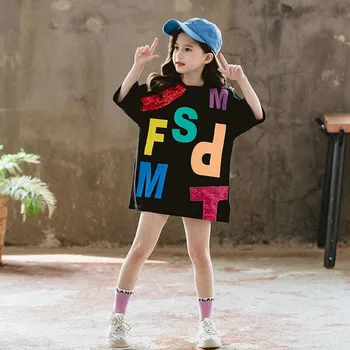

2020 Children Letter Long T-Shirts Summer Tops Short Sleeve Clothing Kids Tees Dress for Girls 5-10Years Clothing Teenage