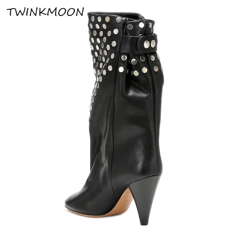 Studed Women High Boots Black Genuine Leather Mid Calf Boots Spike High Heels Celebrity 2019 Bottes Femme