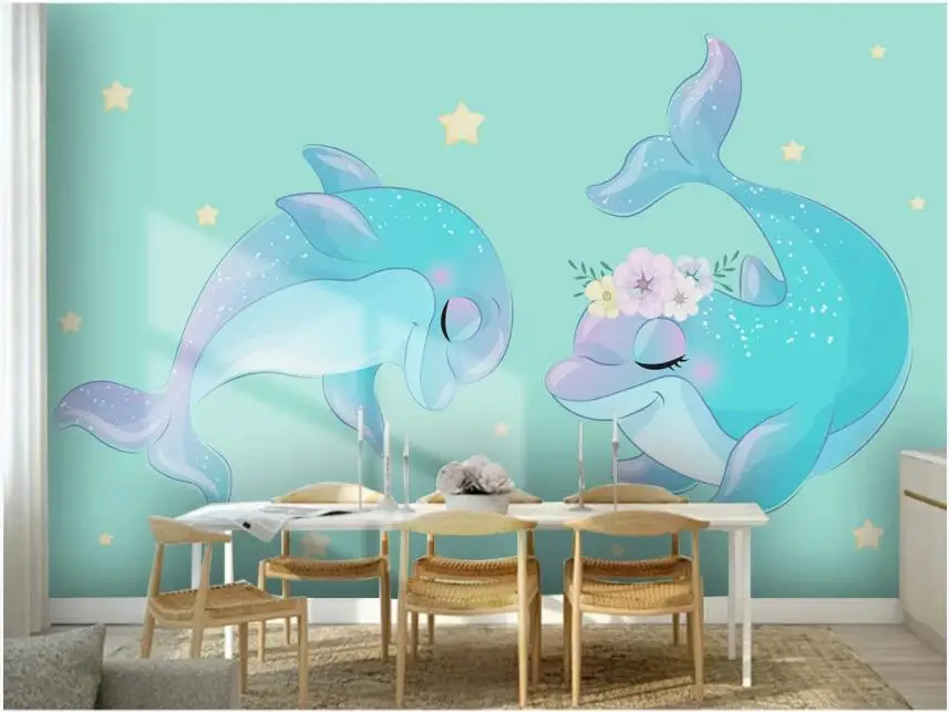 

3d silk wallpaper custom photo Modern hand painted children's room dolphin animal flowers home decor living room wall paper