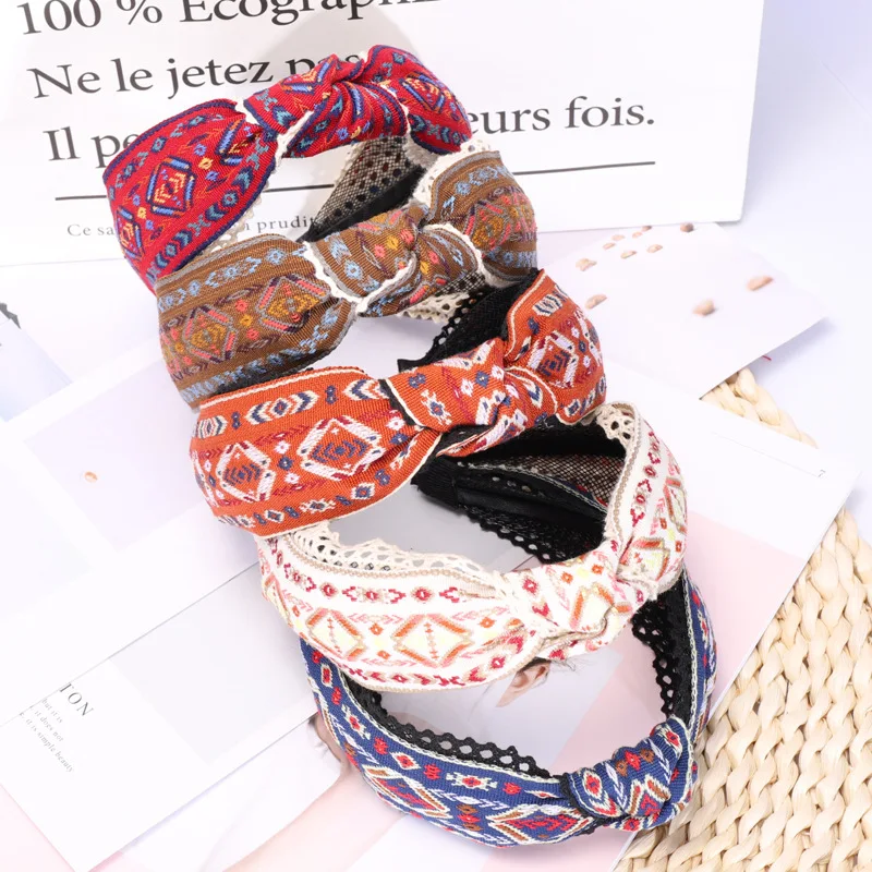 South Korea Dongdaemun Import Celebrity Style High Quality National Wind Embroidered Fabric Hipster Hair Bands Knot Pressure Hea