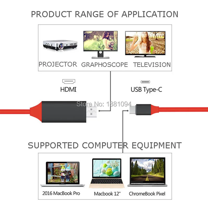 20 шт 2 м HDMI type-C HD ТВ Кабель-адаптер 4K 1080P 3 в 1 HD tv MHL HDMI видео кабель для iPhone samsung Galaxy S8 к проектору/телевизору