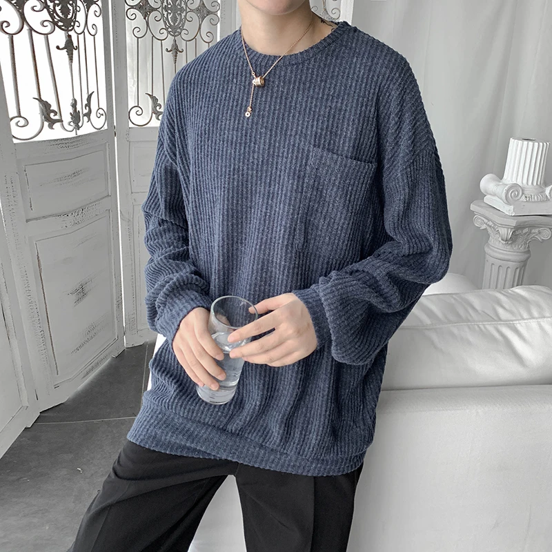 Privathinker мужской свободный свитер с круглым вырезом в простом стиле мужские осенние пуловеры топы мужские однотонные вязаные свитера модная одежда - Цвет: Blue(AsianSize)