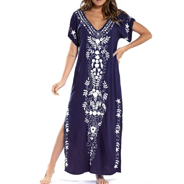 Fleepmart New Black Cotton Embroidered Maxi Beach Dress Cover ups Robe