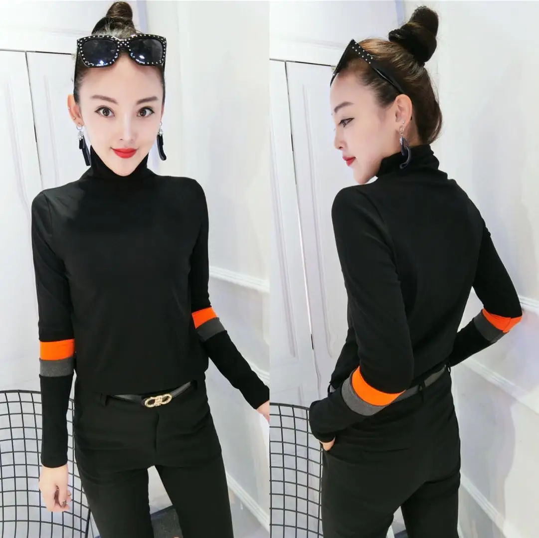 Winter Long Sleeve Turtleneck Cotton T-shirts Women Bodycone Strechy Cotton Pullovers Lady High Collar Cotton T-shirts Tops