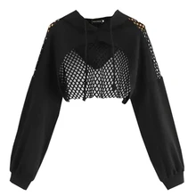 

Black Hoodies for Women 2020 Hollow Out Crop Tops Mesh Patchwork Short Sweatshirt Long Sleeve Autumn Tops and Pullovers