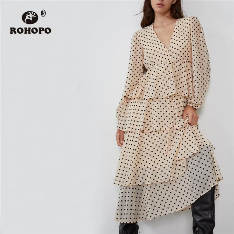 

ROHOPO Long Sleeve Black Polk Dot Cascading Ruffled Khaki Midi Dress V Cotton Buttons Fly Peplum Cake Chiffon Vestido #9310