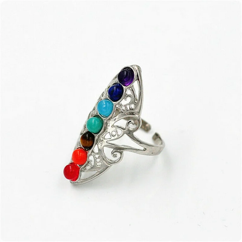 7 Chakra Stones Healing Reiki Dowsing Zircon Adjustable Finger Ring Jewelry