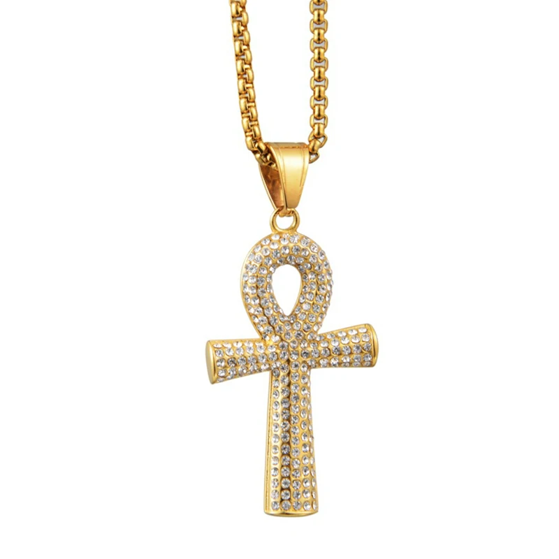 

Egyptian Iced Out Ankh Cross Pendant Necklaces For Men Male Gold Color Stainless Steel Chains Men's Hiphop Egypt Jewelry Gift